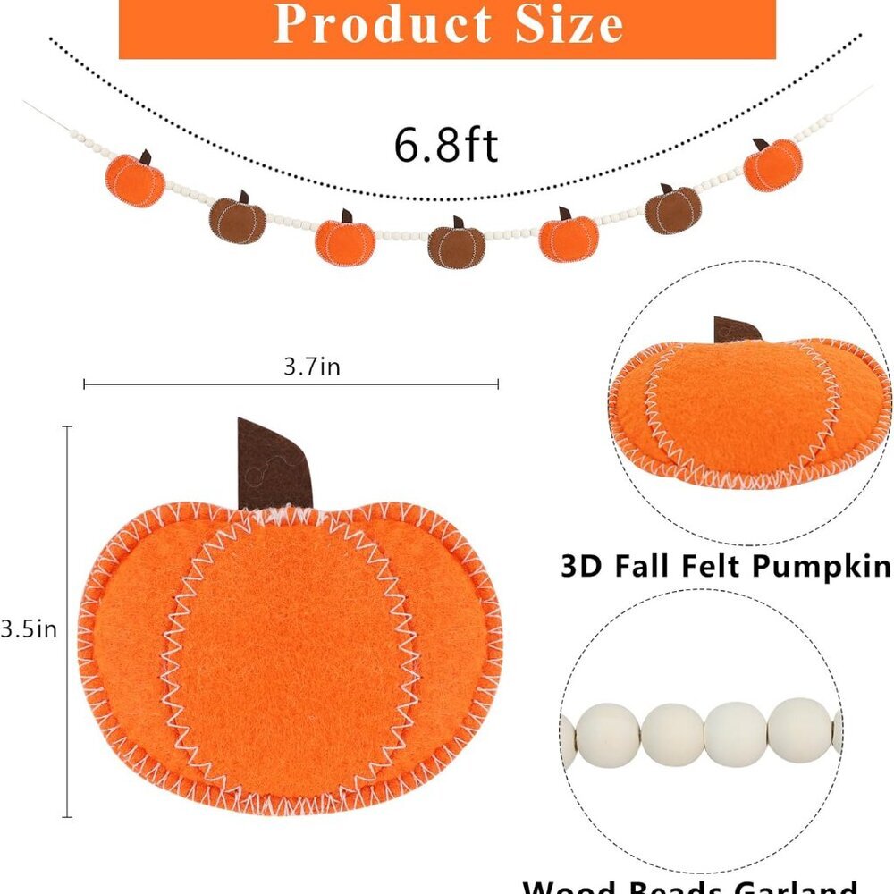 Thanksgiving Decorations for Home, Felt Pumpkin Bead Garland for and Wood Bead f - Picture 3 of 6